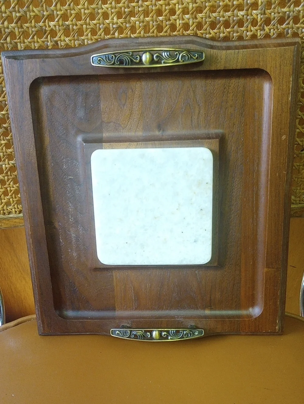 Vintage Marble & Wood Cutting Board w/; Decorative Gold Handles